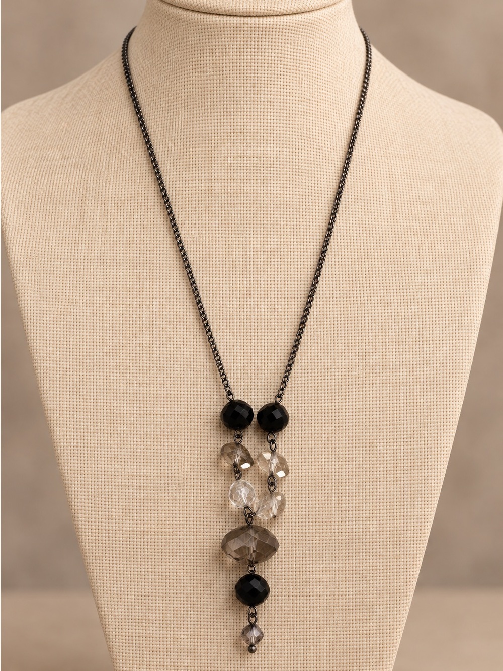 Title: Long Gunmetal Black & Smoky Crystal Pendant Necklace – Statement